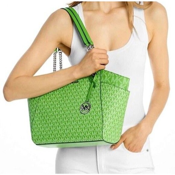 New Michael Kors Jet Set Large Logo Shoulder Bag Jungle Green - Picture 2 of 3